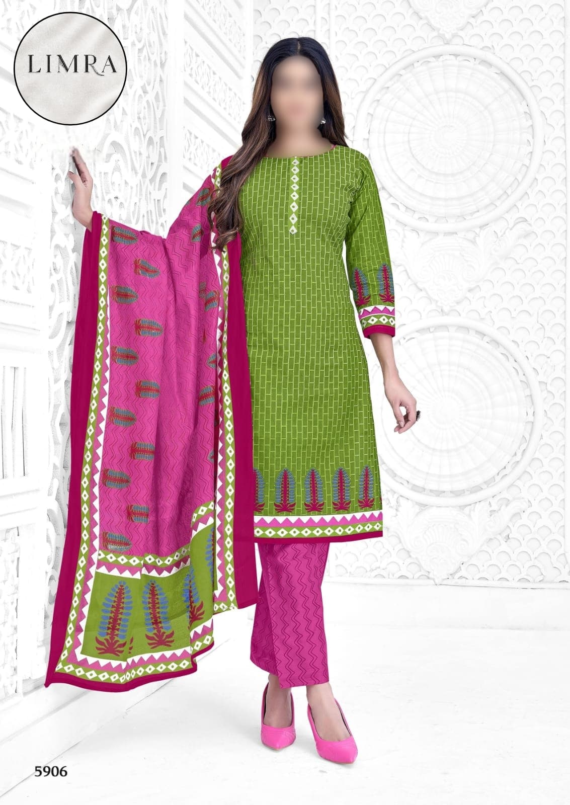 Green and Magenta Printed Cotton Three-Piece Suit Set with Dupatta retail from Limra Clothing