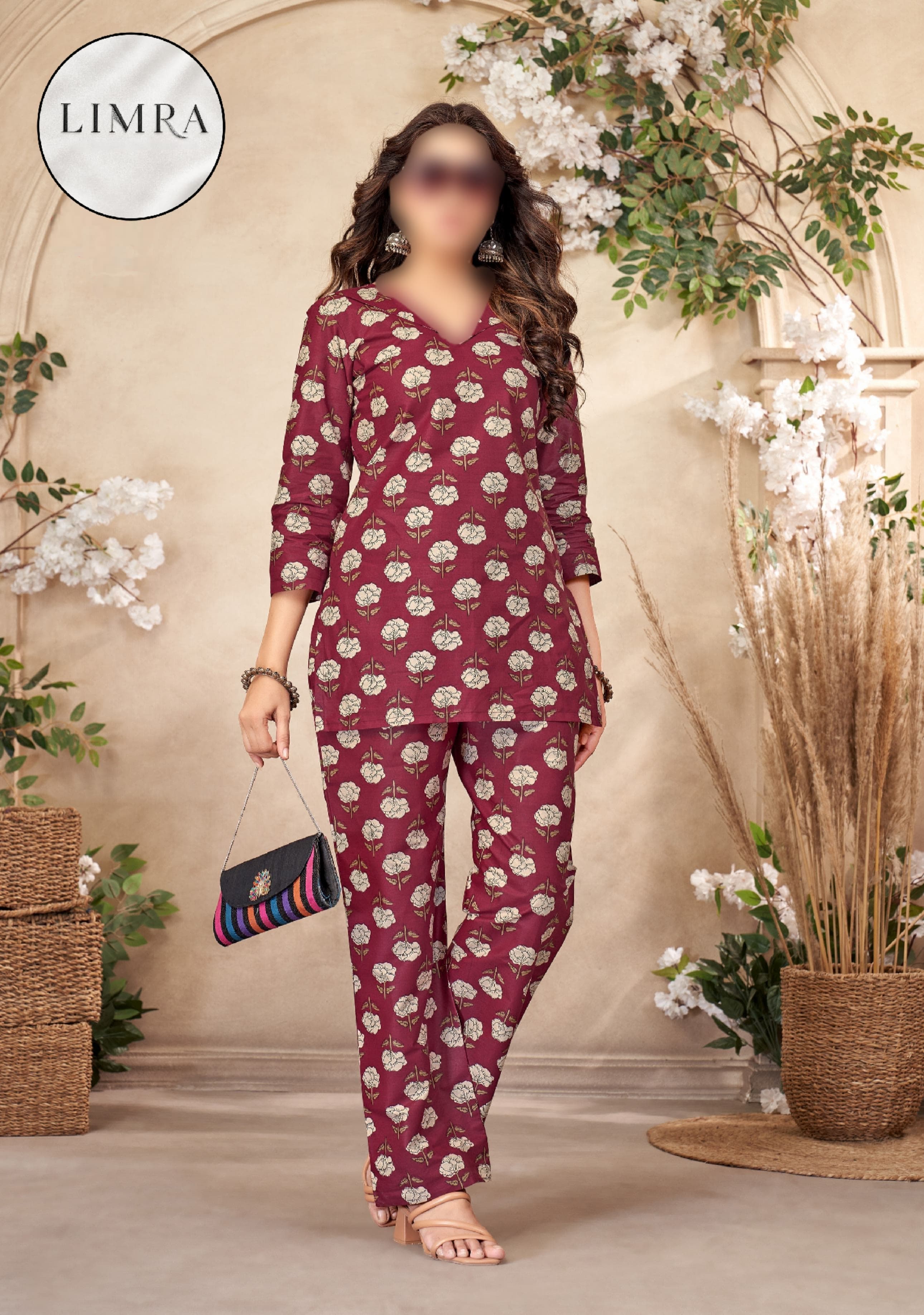 Maroon Floral Printed Cotton Ladies Wear Co-ord Set retail from Limra Clothing