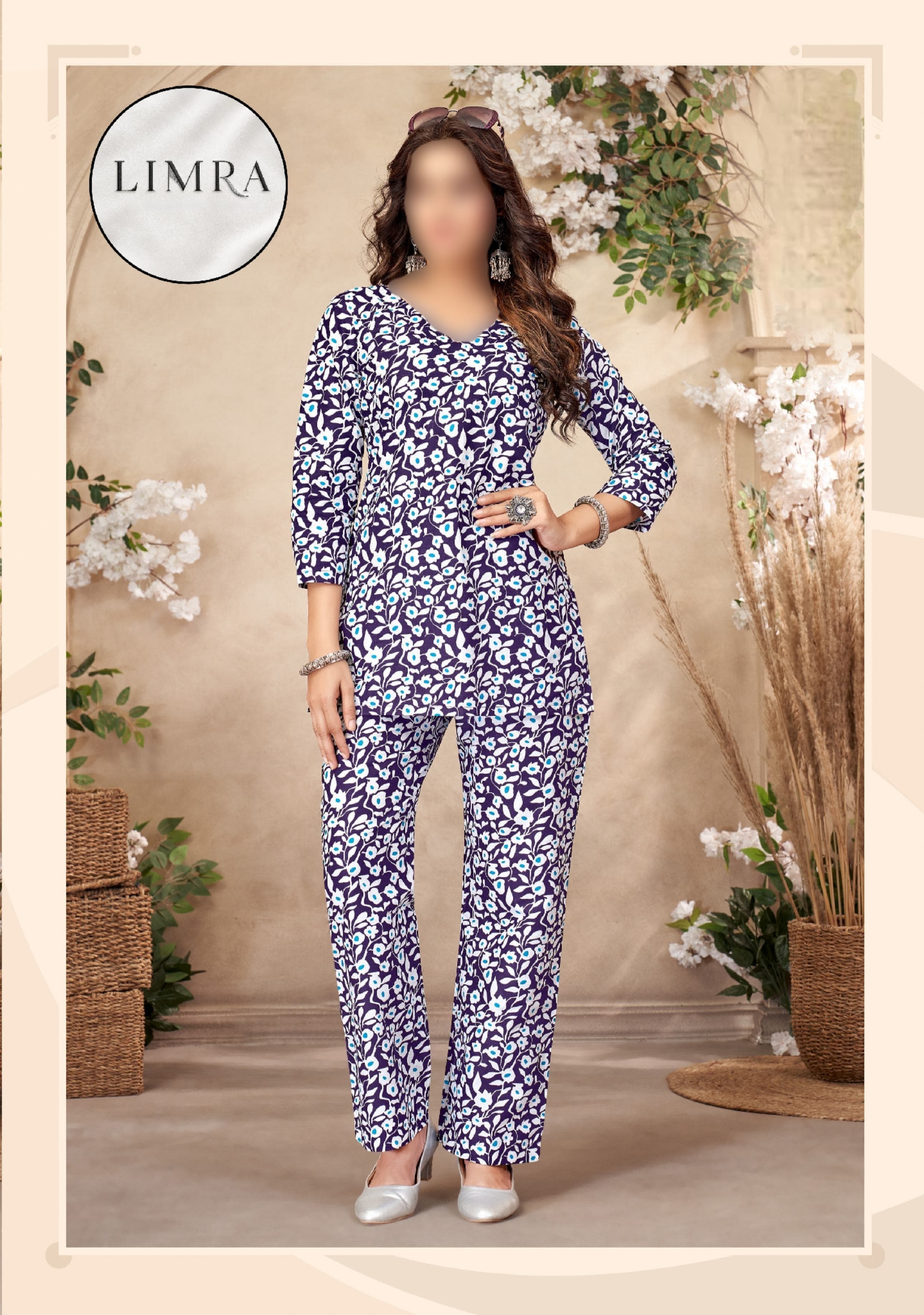 Navy Blue Floral Printed Cotton Ladies Wear Co-ord Set retail from Limra Clothing
