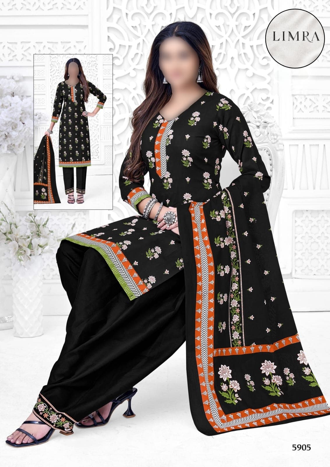 Black and Orange Floral Printed Cotton Three-Piece Suit Set with Dupatta retail from Limra Clothing