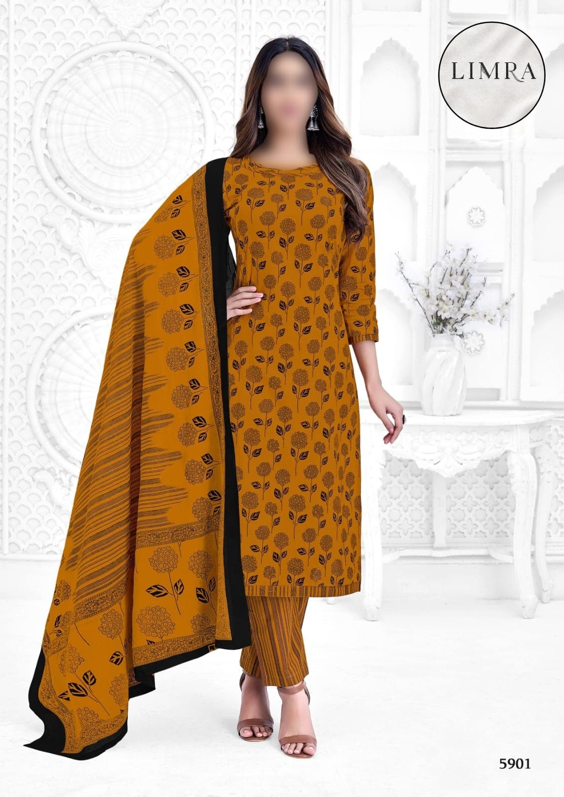 Mustard Yellow and Black Floral Printed Cotton Three-Piece Suit Set with Dupatta retail from Limra Clothing