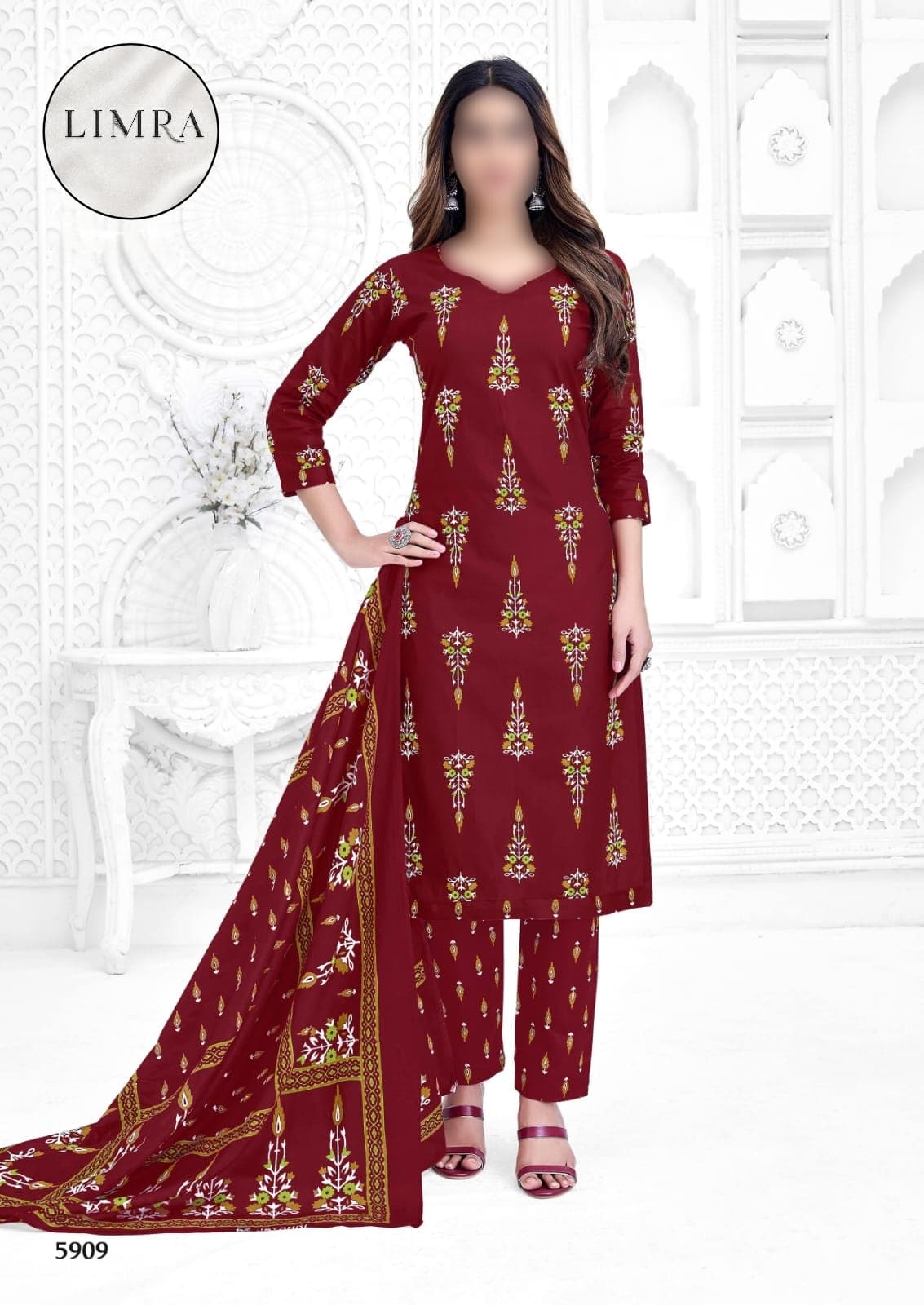 Maroon and Gold Printed Cotton Three-Piece Suit Set with Dupatta retail from Limra Clothing