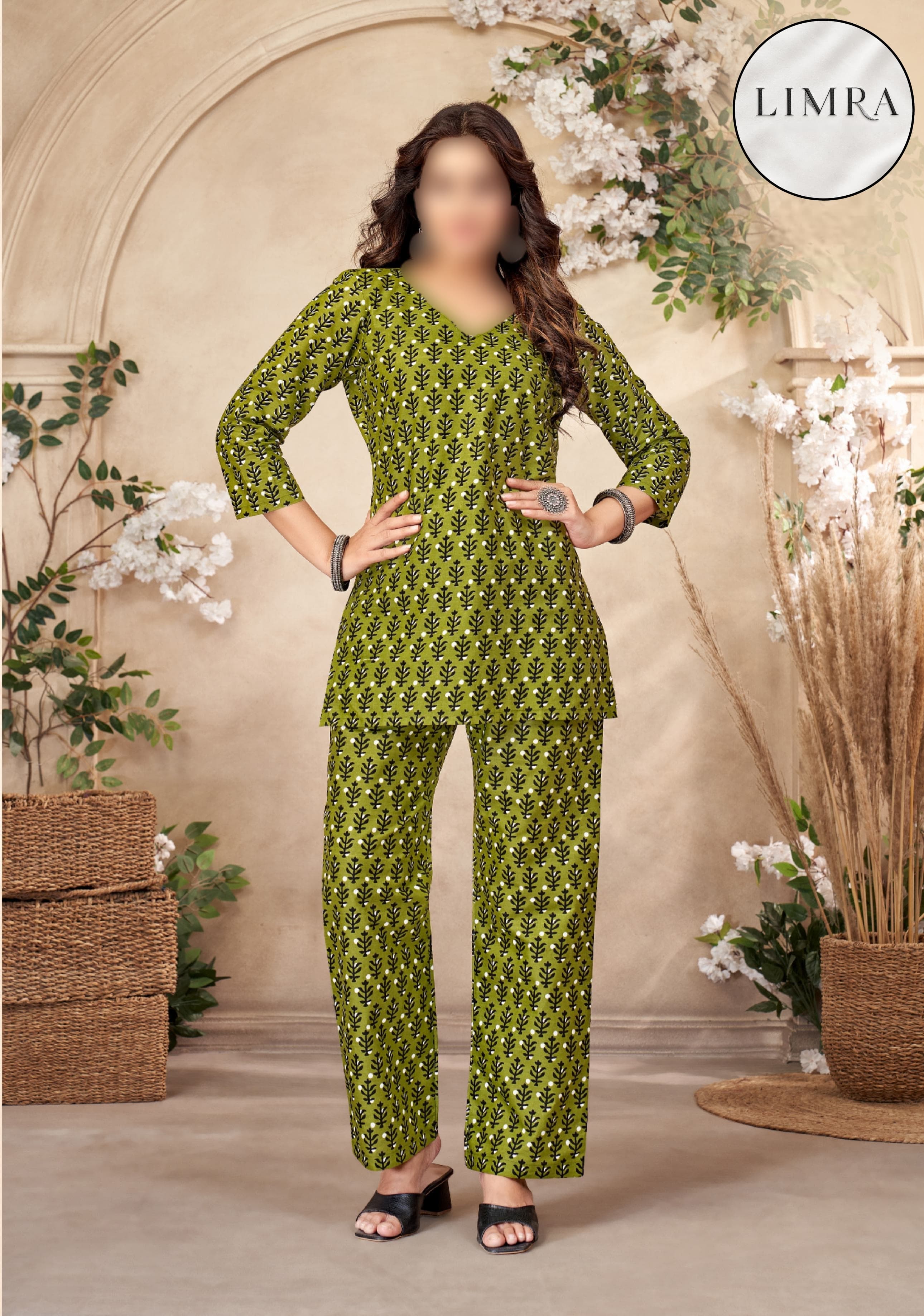 Olive Green Leaf Printed Cotton Ladies Wear Co-ord Set retail from Limra Clothing