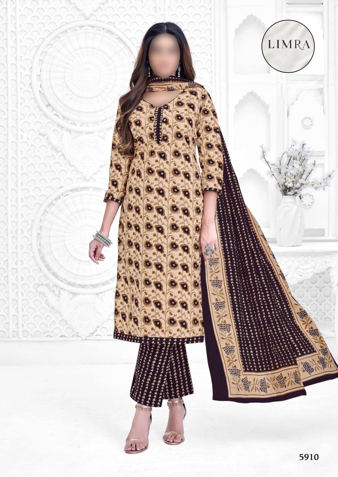 Beige and Dark Brown Floral Printed Cotton Three-Piece Suit Set with Dupatta retail from Limra Clothing