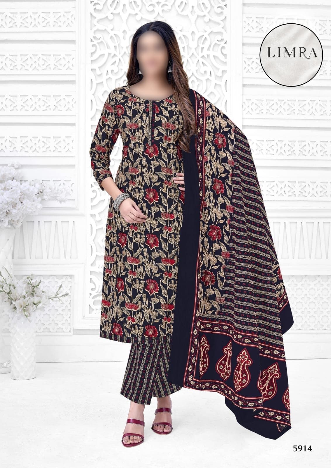 LIMRA Women Black & Red Floral Printed Three-Piece Suit Set with Dupatta retail from Limra Clothing