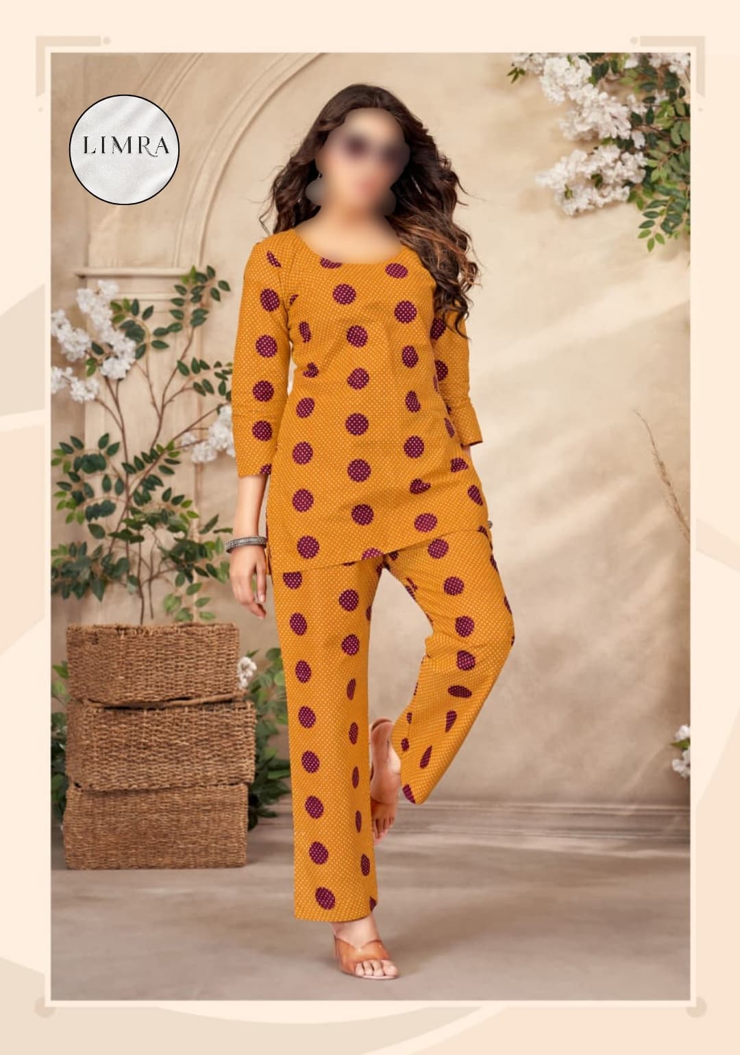 Mustard Yellow Polka Dot Printed Cotton Ladies Wear Co-ord Set retail from Limra Clothing