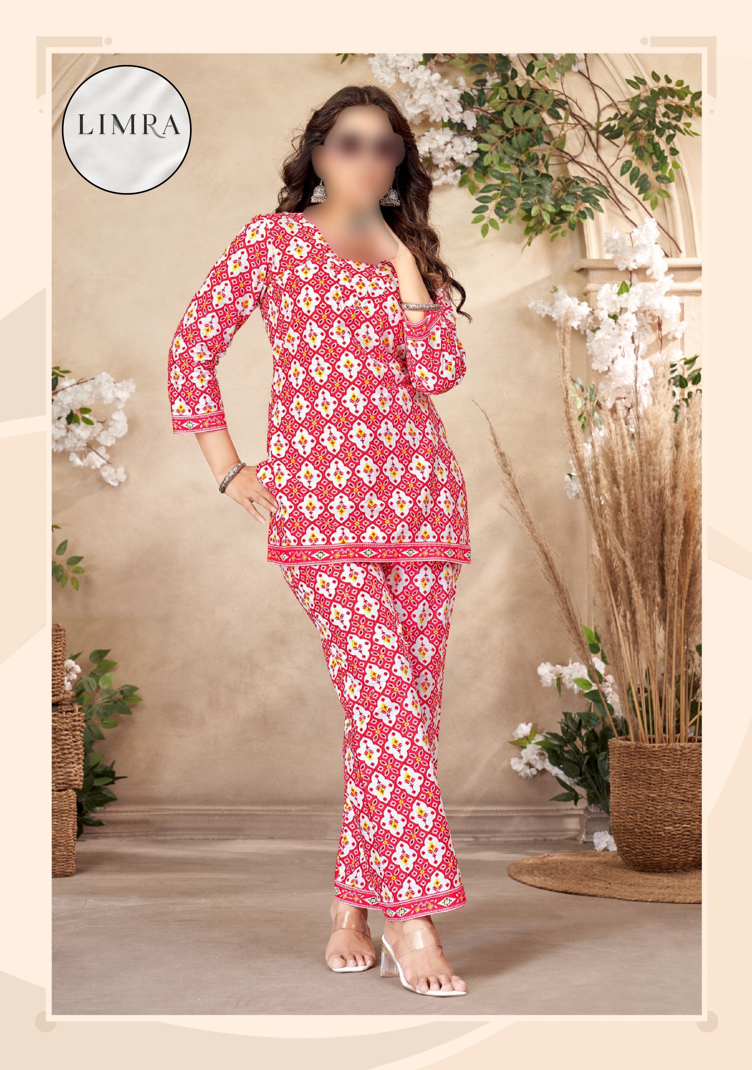 Red and White Bandhani Printed Cotton Ladies Wear Co-ord Set retail from Limra Clothing