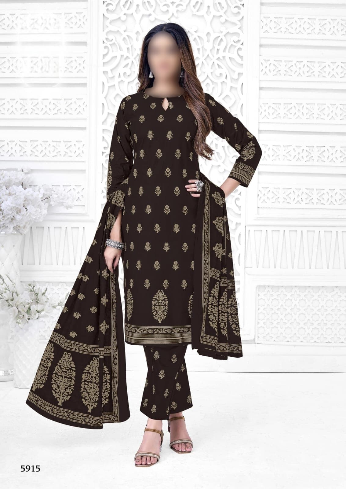 Dark Brown Gold-Print Kurti Set with Dupatta retail from Limra Clothing