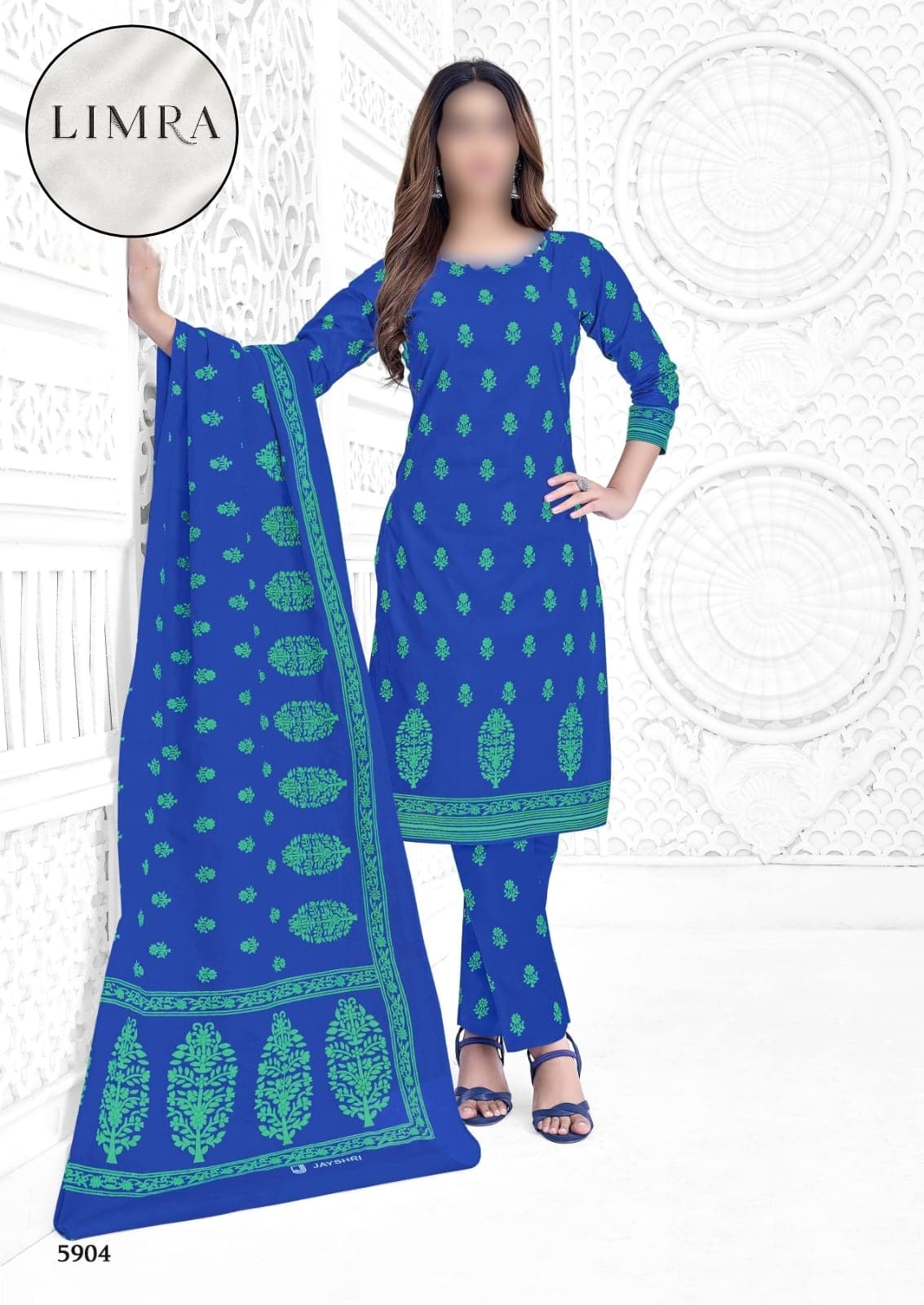 Royal Blue and Green Floral Printed Cotton Three-Piece Suit Set with Dupatta retail from Limra Clothing