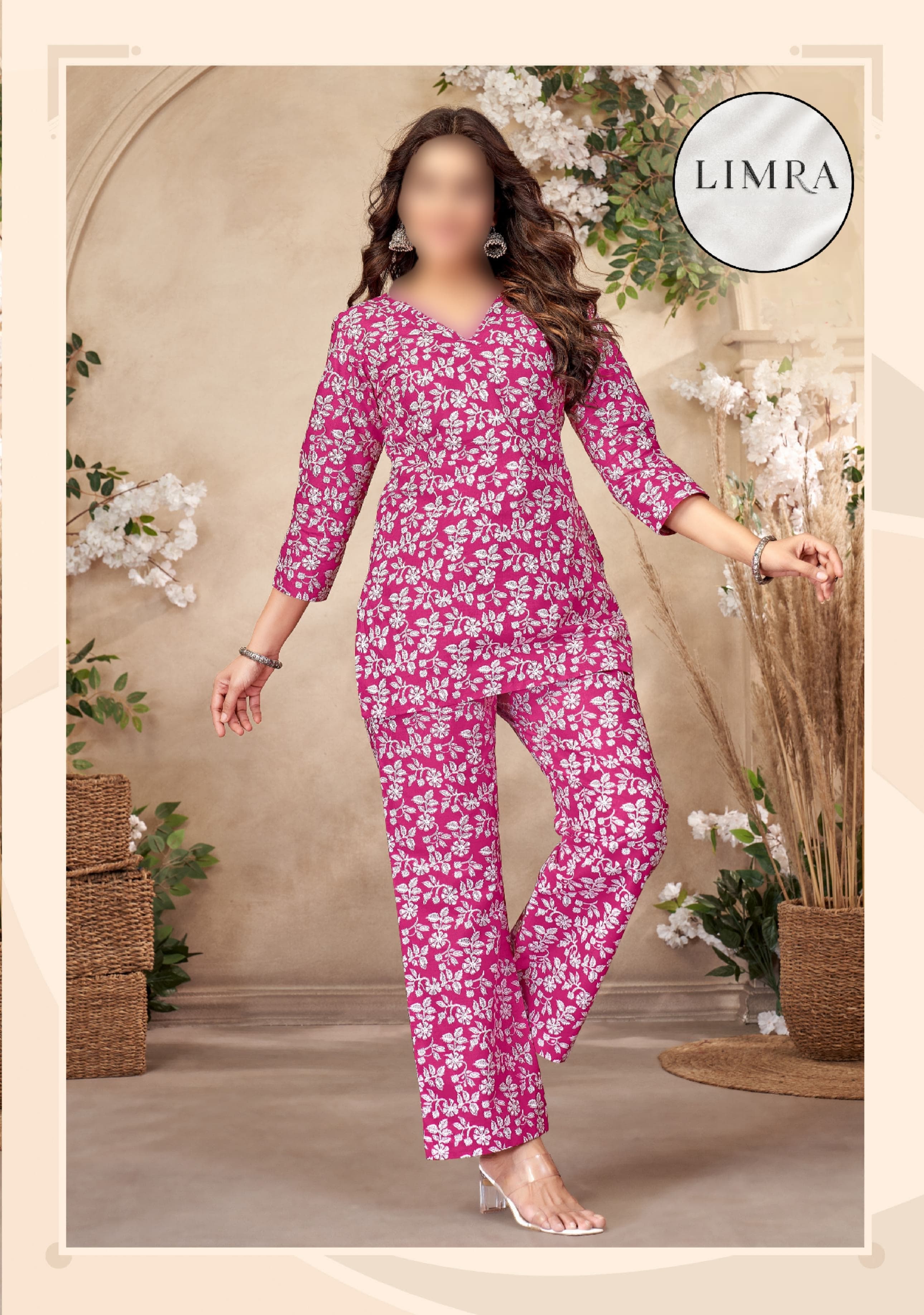 Magenta Pink Floral Printed Cotton Ladies Wear Co-ord Set retail from Limra Clothing