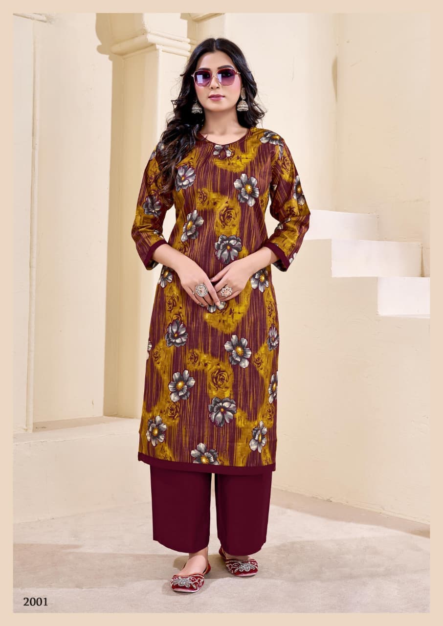LIMRA Women Mustard Yellow & Wine Floral Printed Two-Piece Kurti Set Code 2001 retail from Limra Clothing