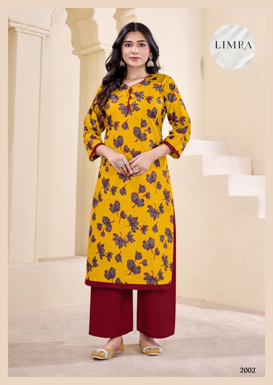 LIMRA Women Bright Yellow & Maroon Floral Printed Two-Piece Kurti Set Code 2002 retail from Limra Clothing