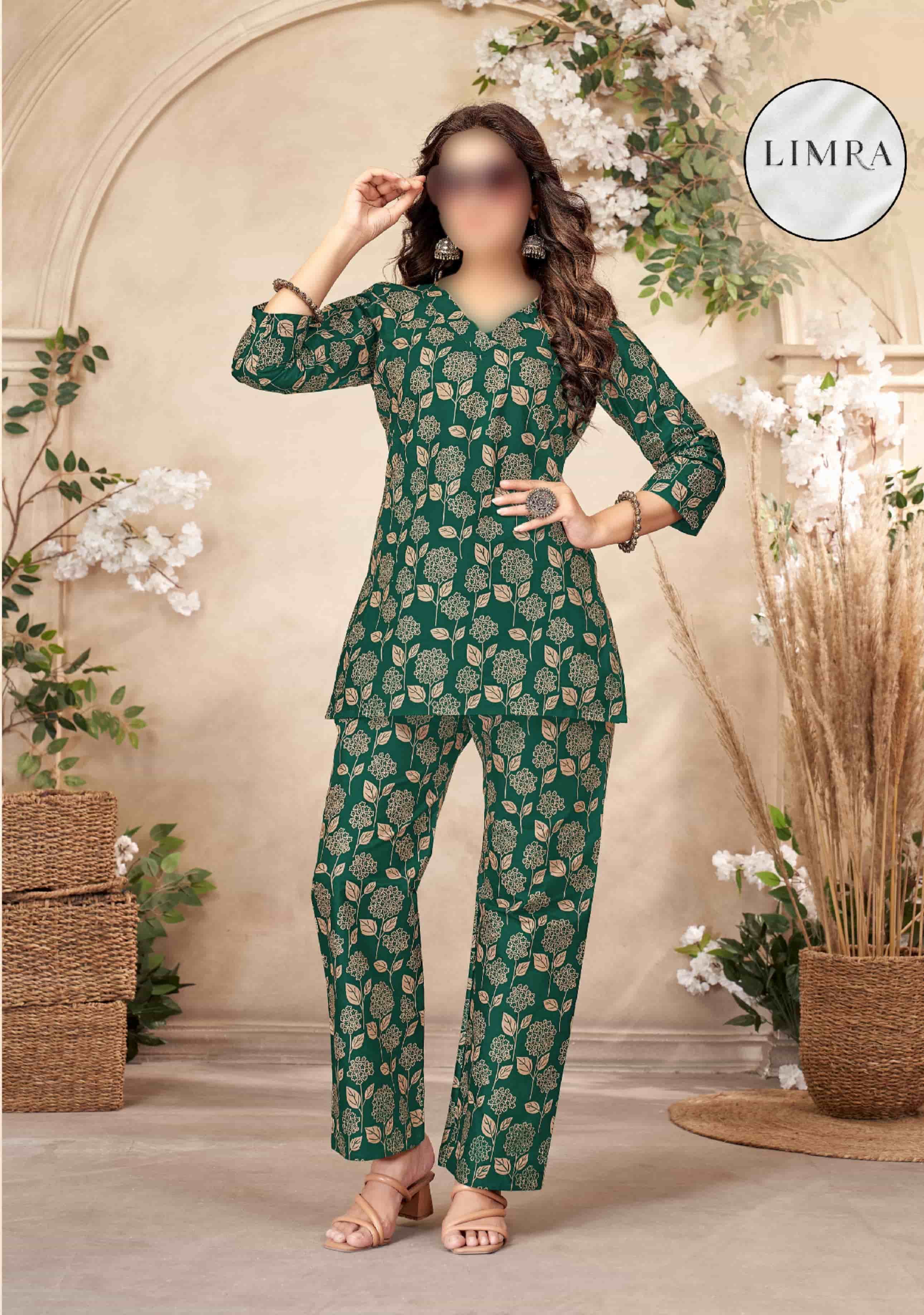 Emerald Green Floral Printed Cotton Ladies Wear Co-ord Set retail from Limra Clothing