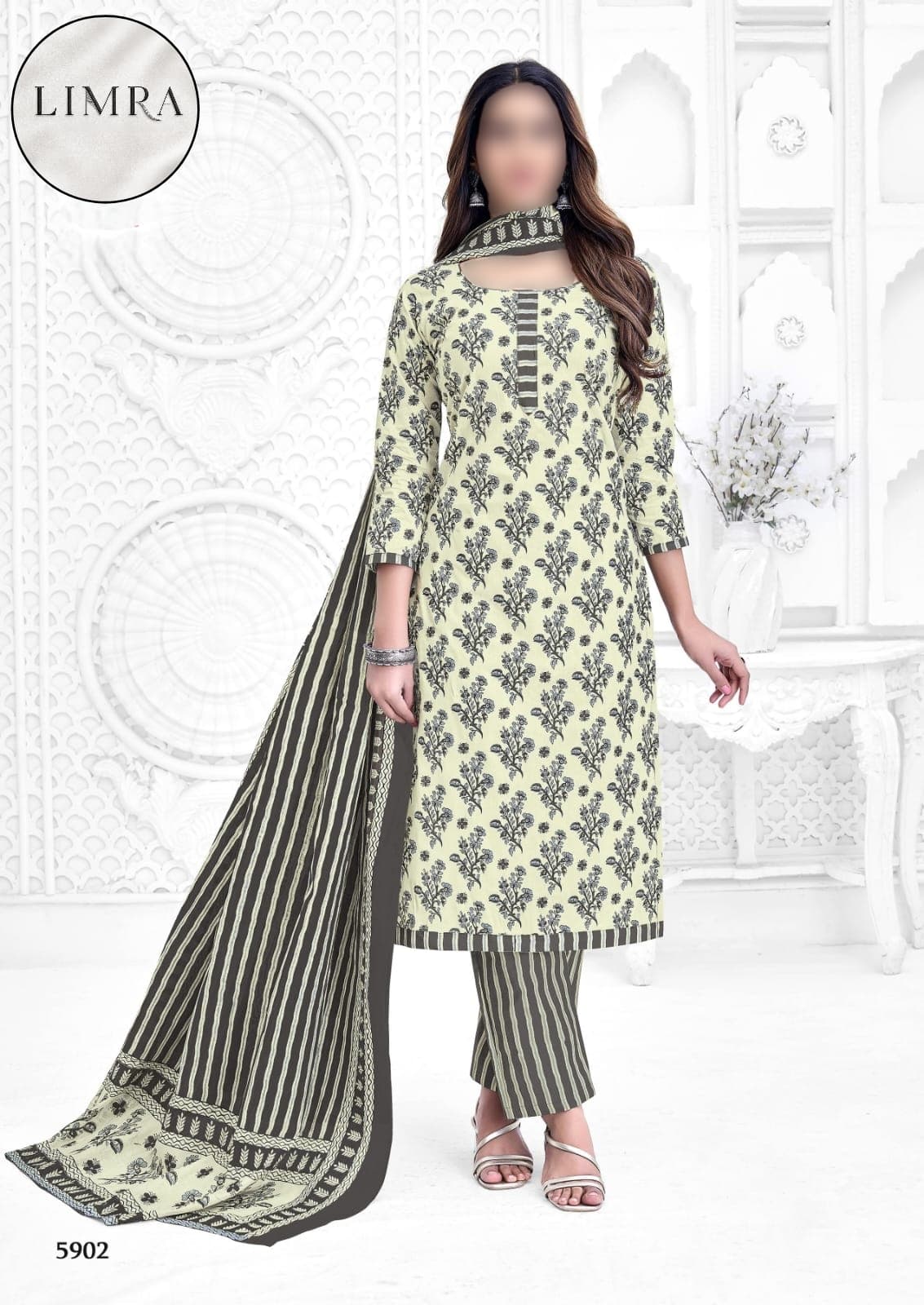 Light Green and Charcoal Grey Printed Cotton Three-Piece Suit Set with Dupatta retail from Limra Clothing