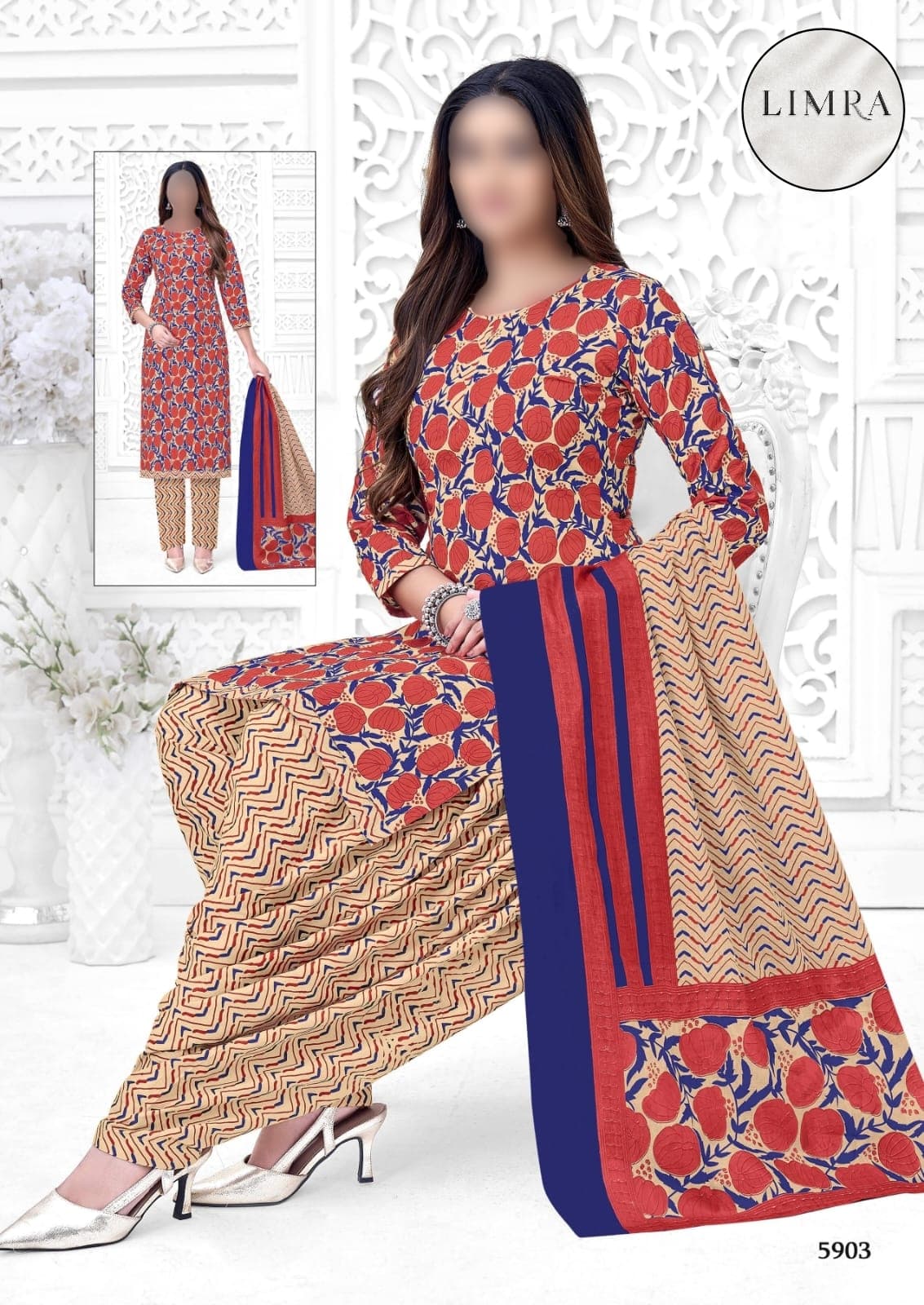 Red and Blue Floral Printed Cotton Three-Piece Suit Set with Dupatta retail from Limra Clothing