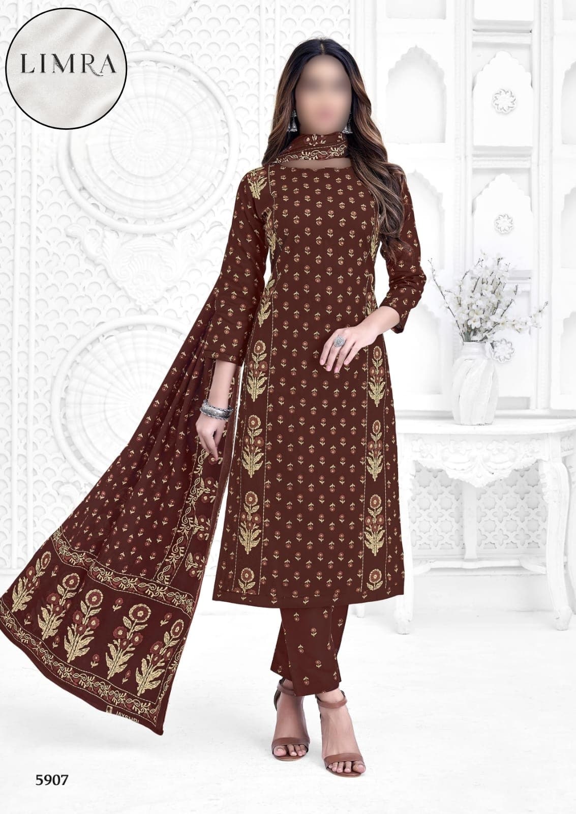 Brown and Gold Printed Cotton Three-Piece Suit Set with Dupatta retail from Limra Clothing