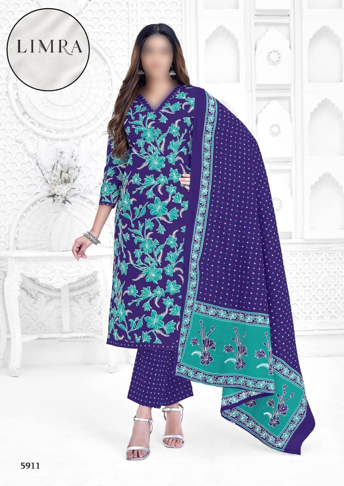 Navy Blue and Turquoise Floral Printed Cotton Three-Piece Suit Set with Dupatta retail from Limra Clothing